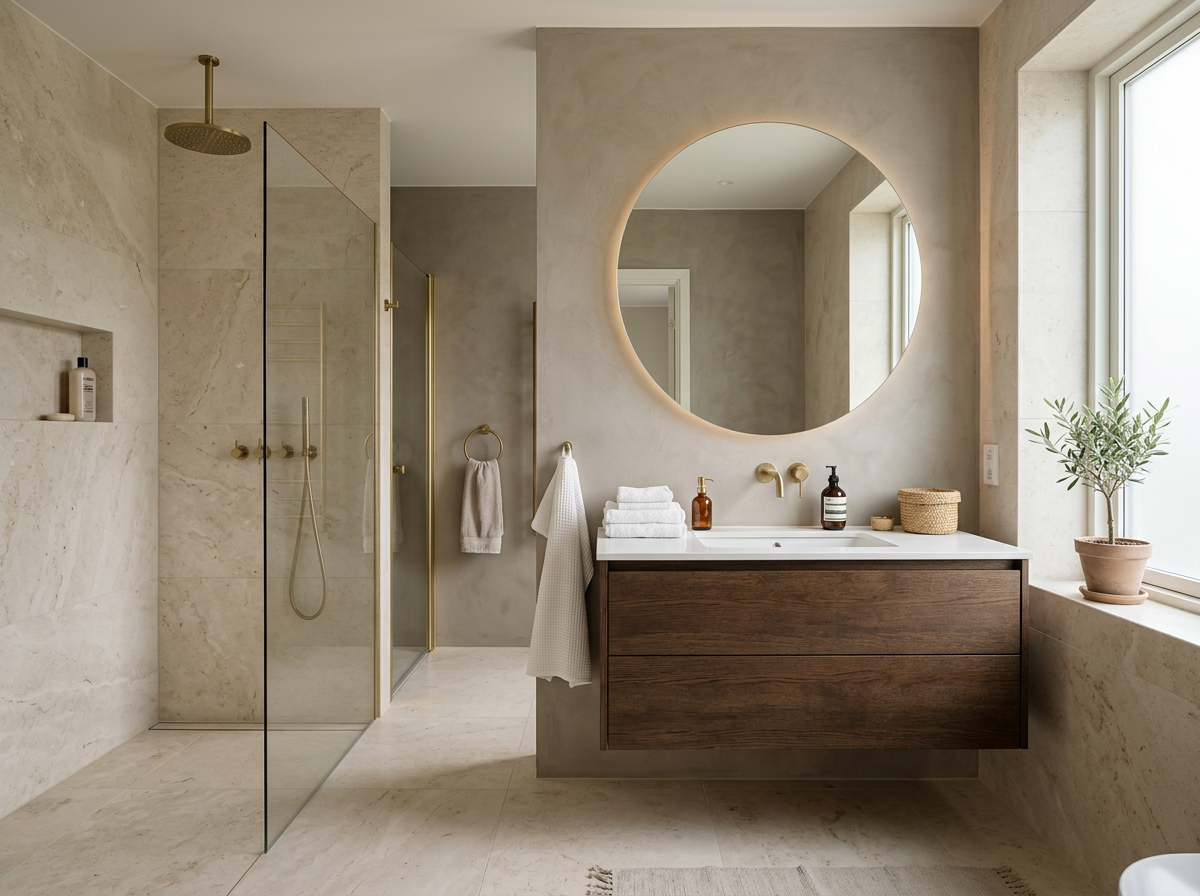 Finished bathroom with large-format stone tile and microcement vanity wall