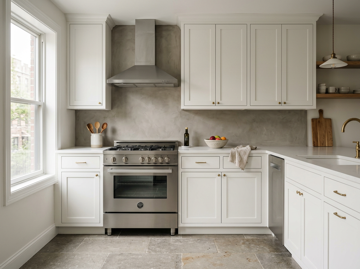 Finished kitchen with microcement backsplash, painted cabinets and stone tile floor