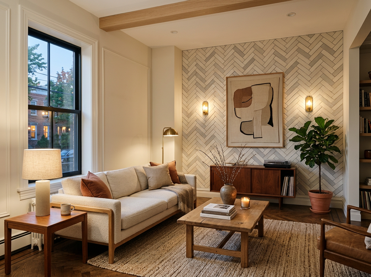 Finished living room with fresh paint and a herringbone tile accent