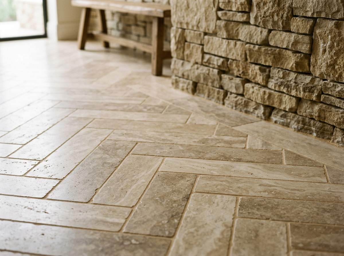 Large-format herringbone stone tile floor with stacked stone feature wall